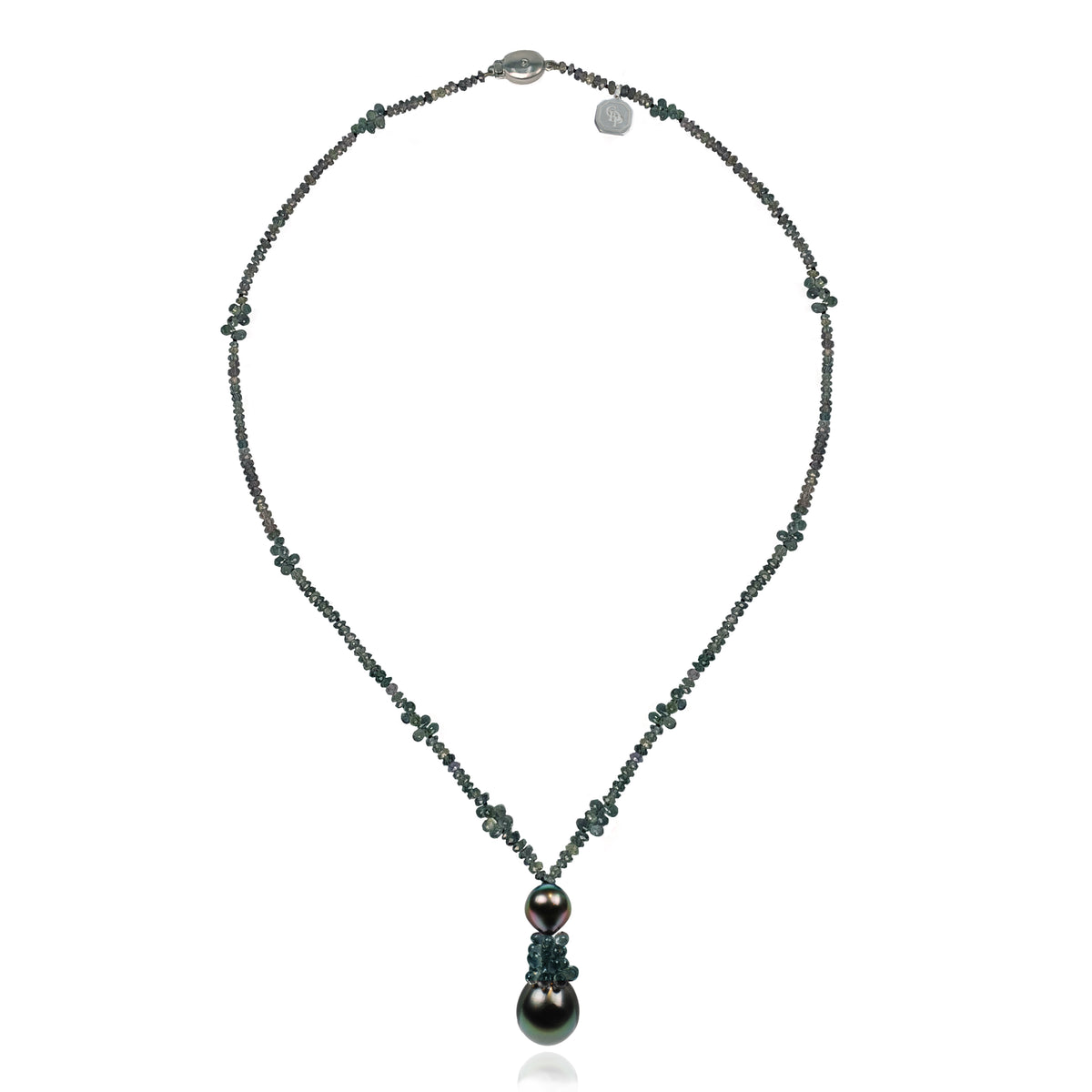 Tahitian Pearl &amp; Green-Blue Sapphire Tassel Drop Necklace