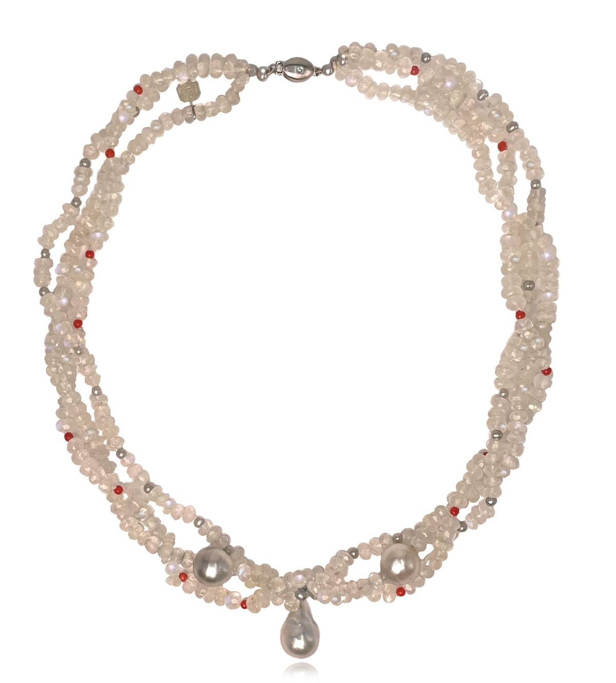 Light Grey Tahitian Pearl, Rainbow Moonstone &amp; &#39;Coco Coral&#39; Choker Necklace