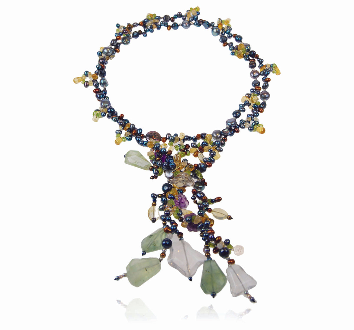 Dark Multi-Coloured Pearl &amp; Semi Precious Stone &#39;Abstract&#39; Lariat