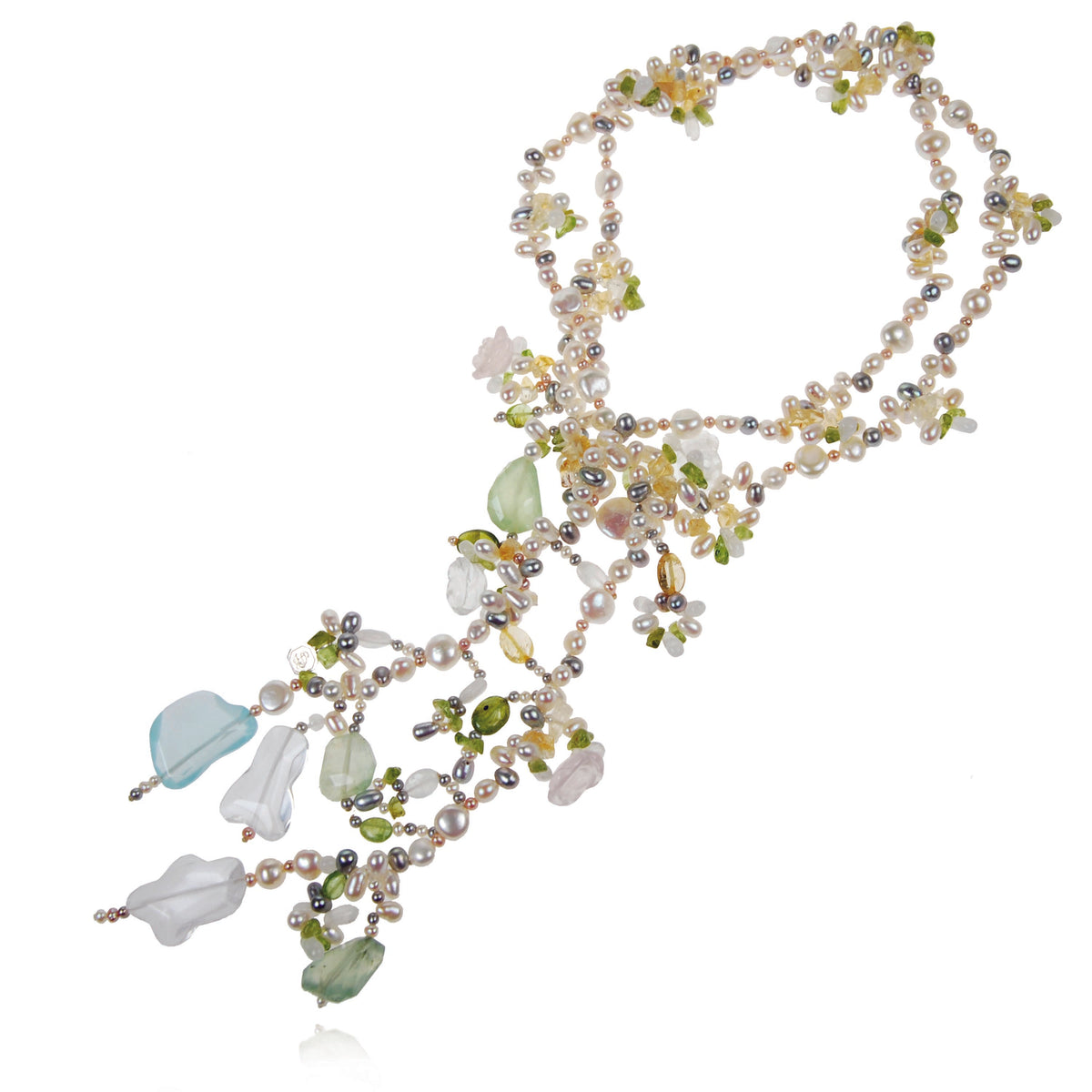 Light Multi-Coloured Pearl &amp; Semi Precious Stone &#39;Abstract&#39; Lariat