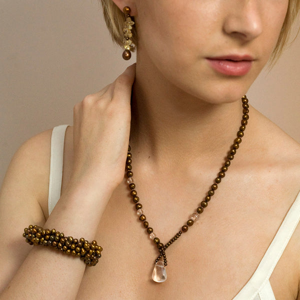 Copper Biwa Pearl & Rock Crystal Short Lasso Necklace | Pearls.co.uk