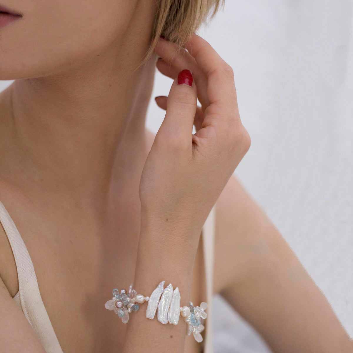 White Multi-Coloured Pearl &amp; Semi Precious Stone &#39;Abstract&#39; Bracelet