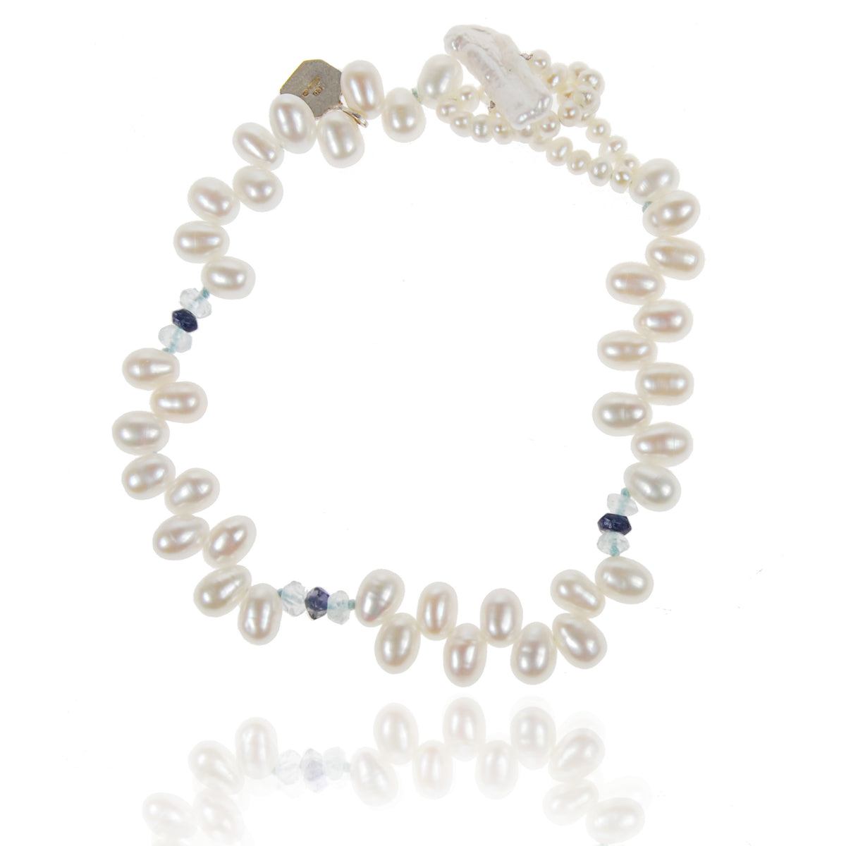 White Freshwater Pearl, Aquamarine &amp; Iolite Droplet Bracelet