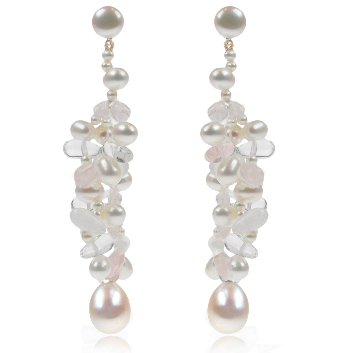 White Freshwater Pearl, Rock Crystal &amp; Rainbow Moonstone Drop Earrings