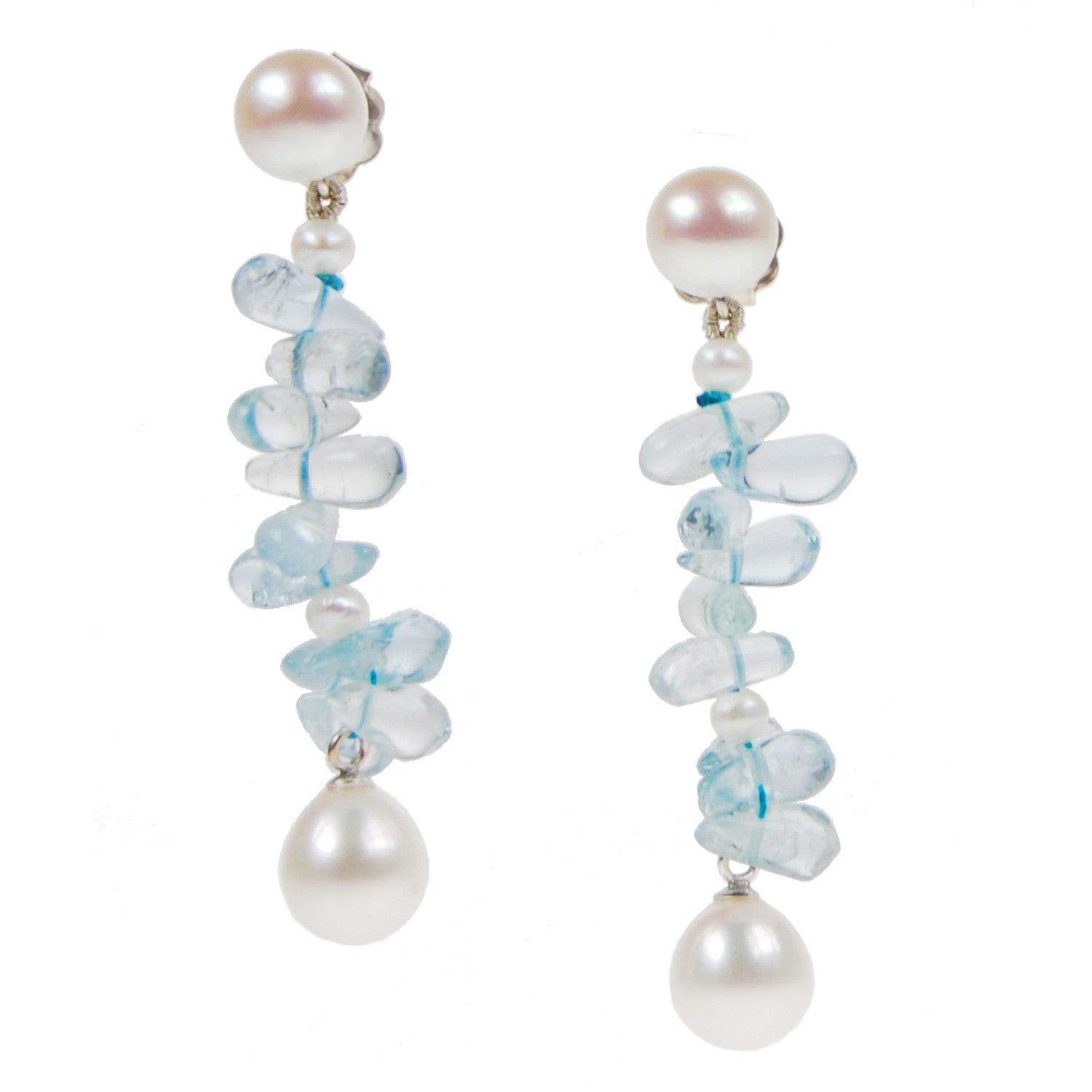 Long 'Twinkling Light' Earrings in White and Aquamarine