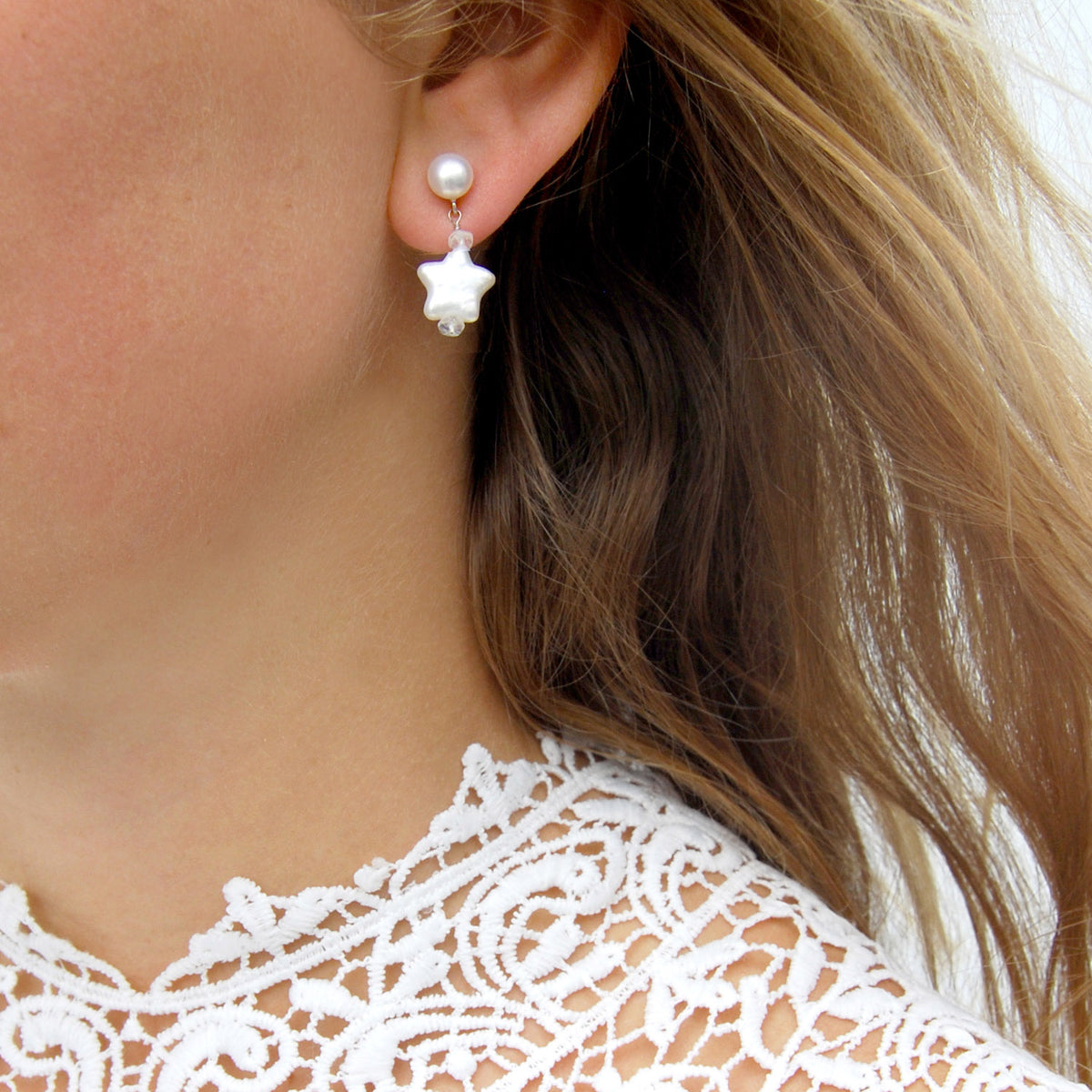 White Freshwater Pearl &#39;Star&#39; &amp; Moonstone Earrings