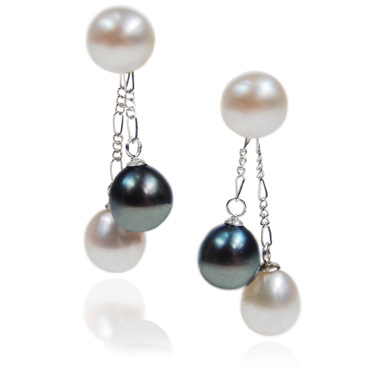 White &amp; Black Freshwater Pearl Double Drop Earrings