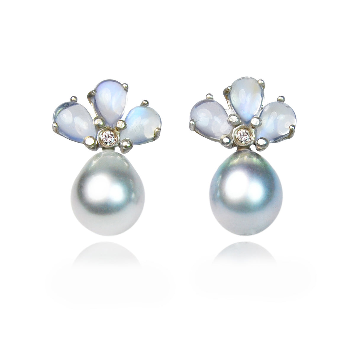 Blue Tahitian Pearl, Diamond &amp; Moonstone Earrings