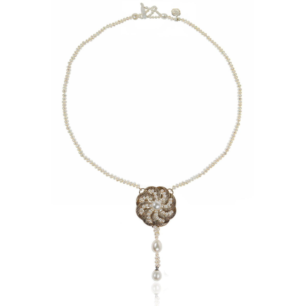 White Seed Pearl &amp; Silver &#39;Swirl&#39; Necklace