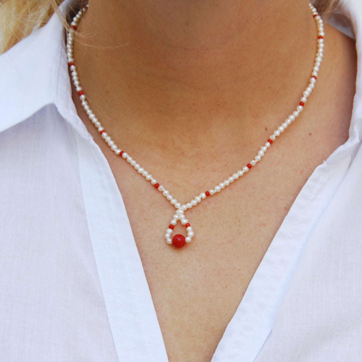 White Freshwater Pearl &amp; Coral Necklace