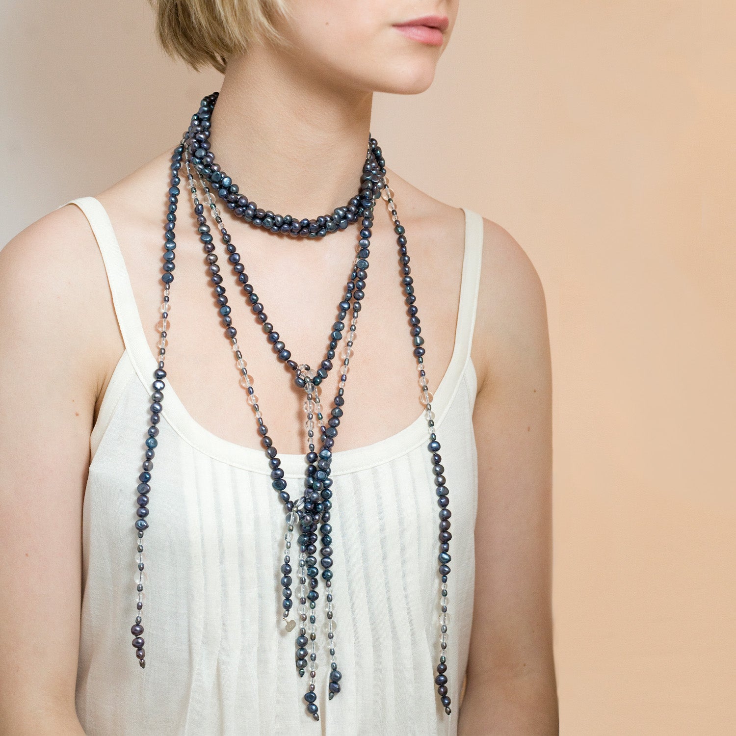 Triple Strand Long Lariat Necklace - in Peacock Black