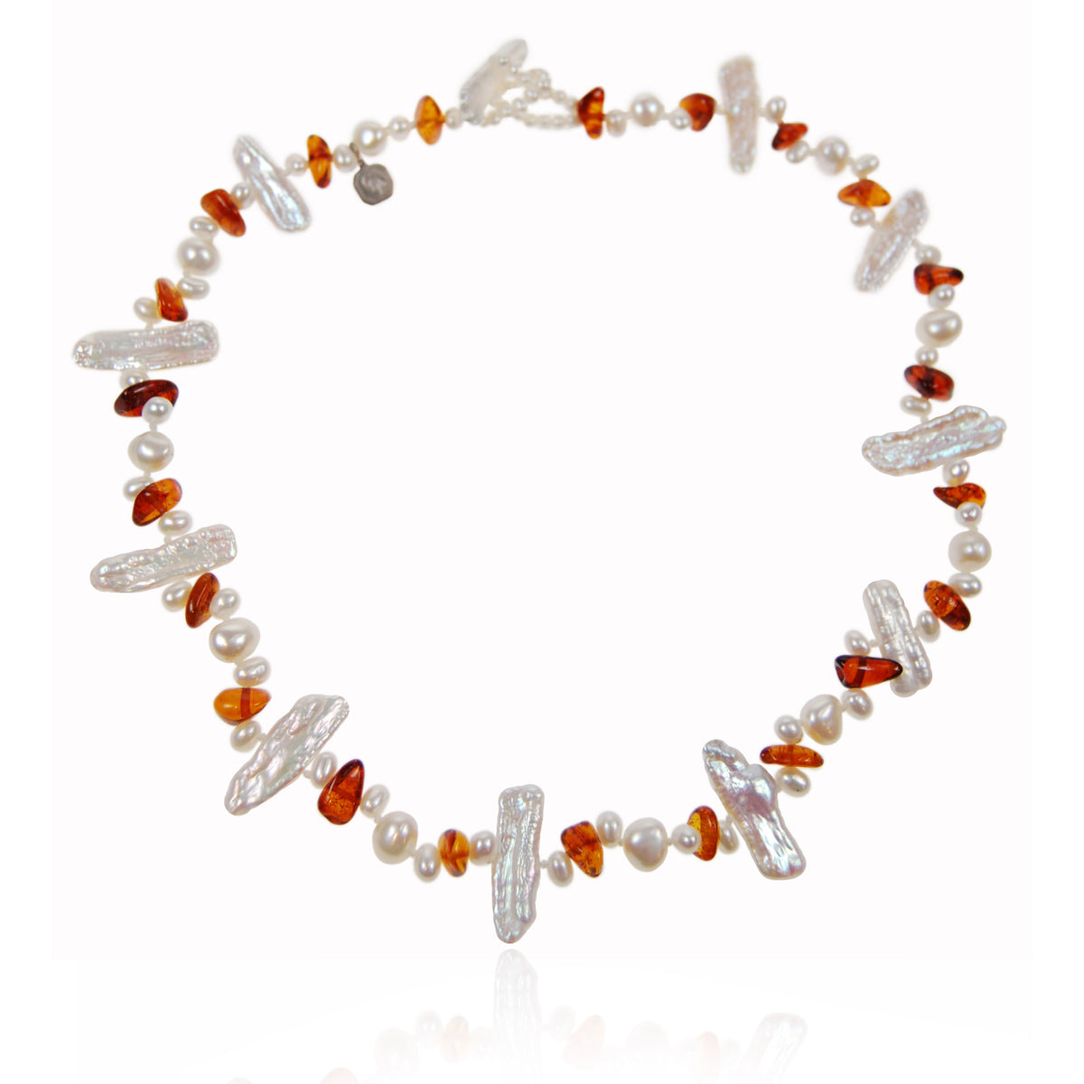 White Freshwater Pearl &amp; Amber Asymmetric Necklace
