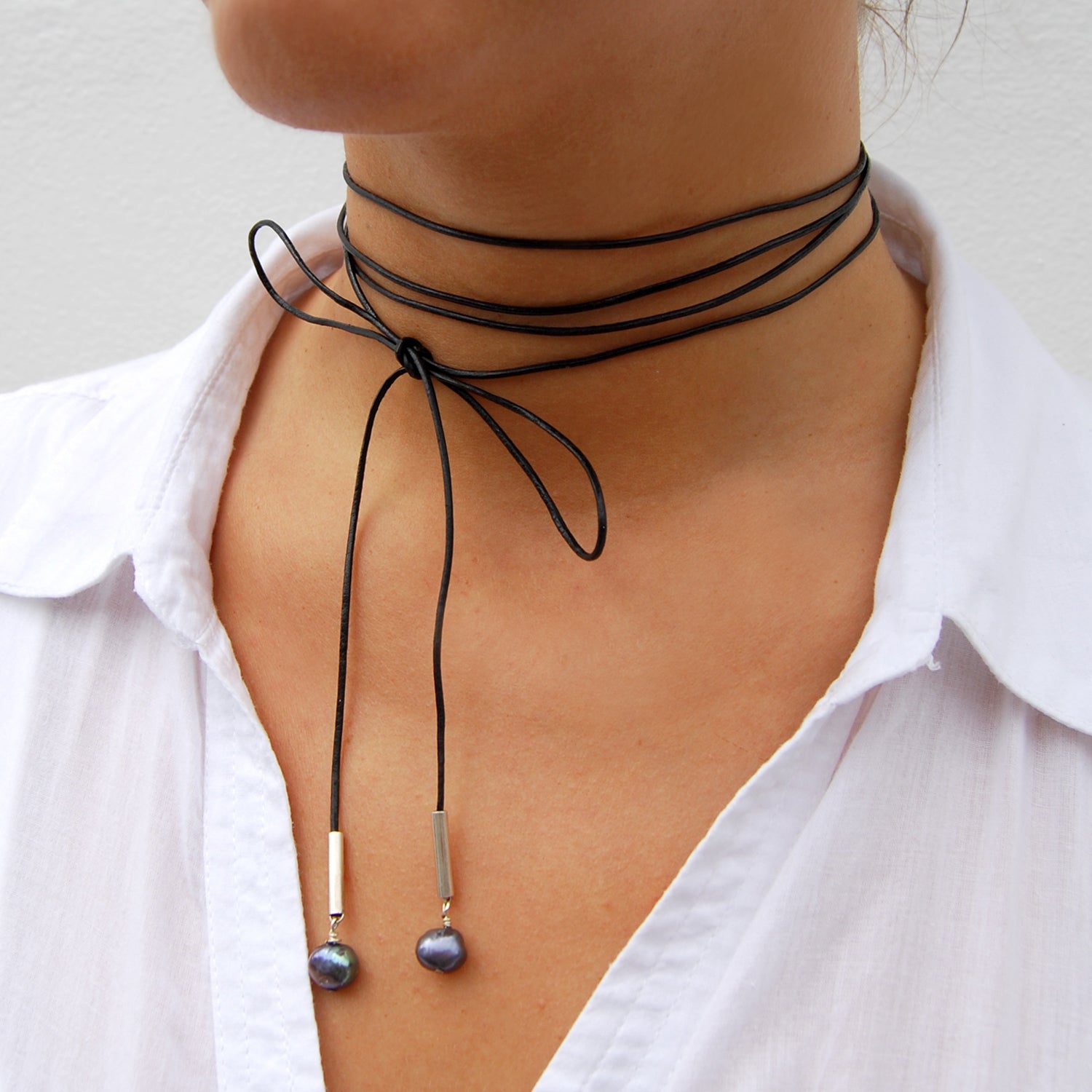 Joyful Black Leather Necklace With Two Pearl Drops