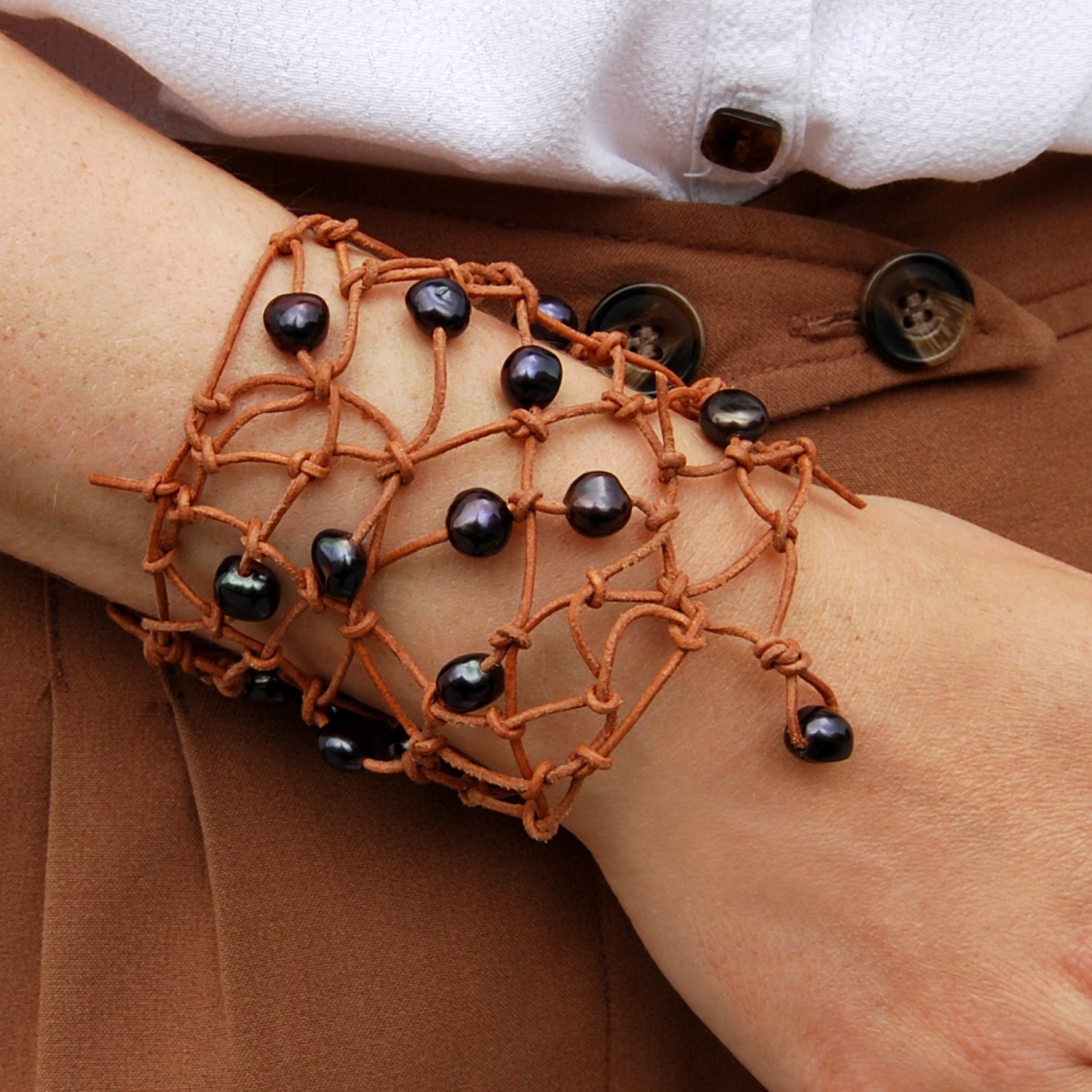 Freshwater Pearl 'Warrior' Armband in Nude Leather