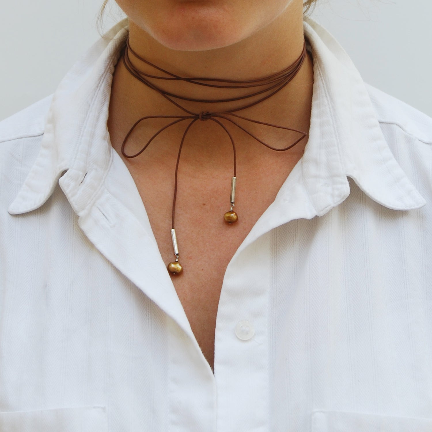 Joyful Tan Leather Necklace With Two Pearl Drops 