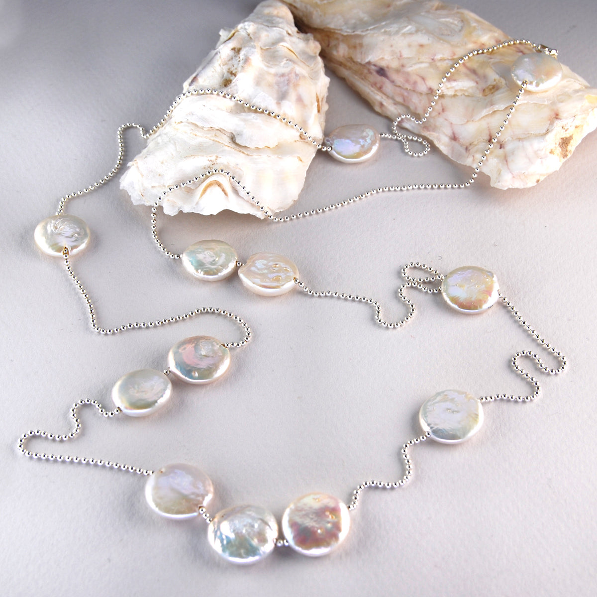 Large Flat M&amp;M Freshwater Pearl Spacers on Silver Bead Chain