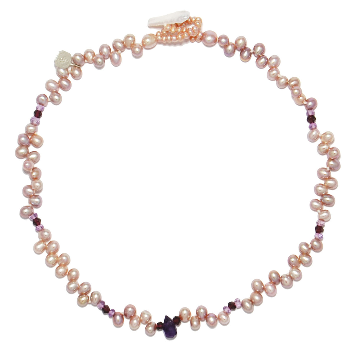 Pink Freshwater Pearl, Garnet &amp; Amethyst Droplet Necklace