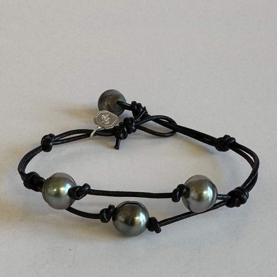 Black Tahitian Pearl & Black Leather 'Warrior' Bracelet