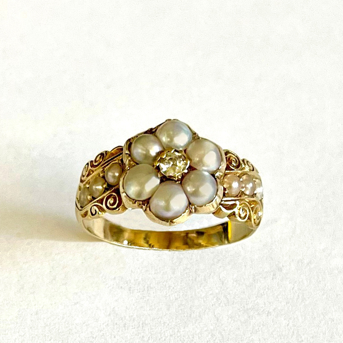 White Natural Pearl Diamond Cluster Georgian Ring