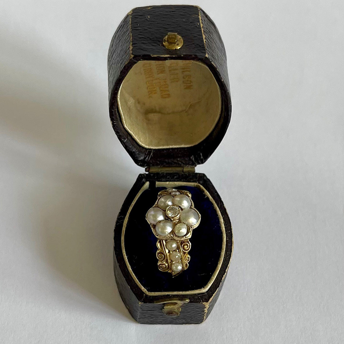 White Natural Pearl Diamond Cluster Georgian Ring