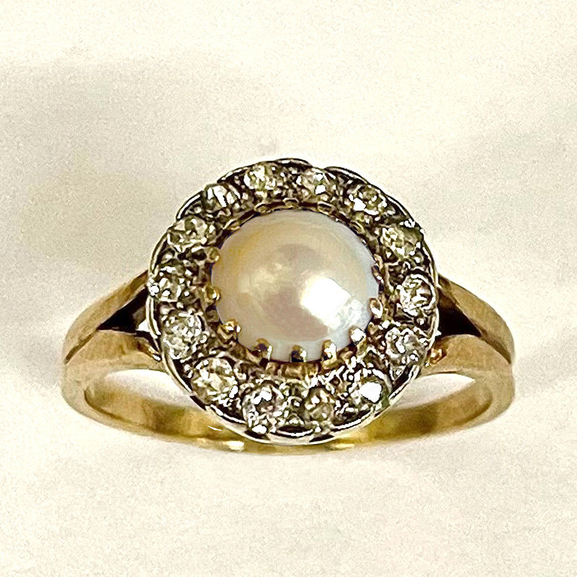 Rare White Natural Pearl & Diamond Edwardian Cluster Ring