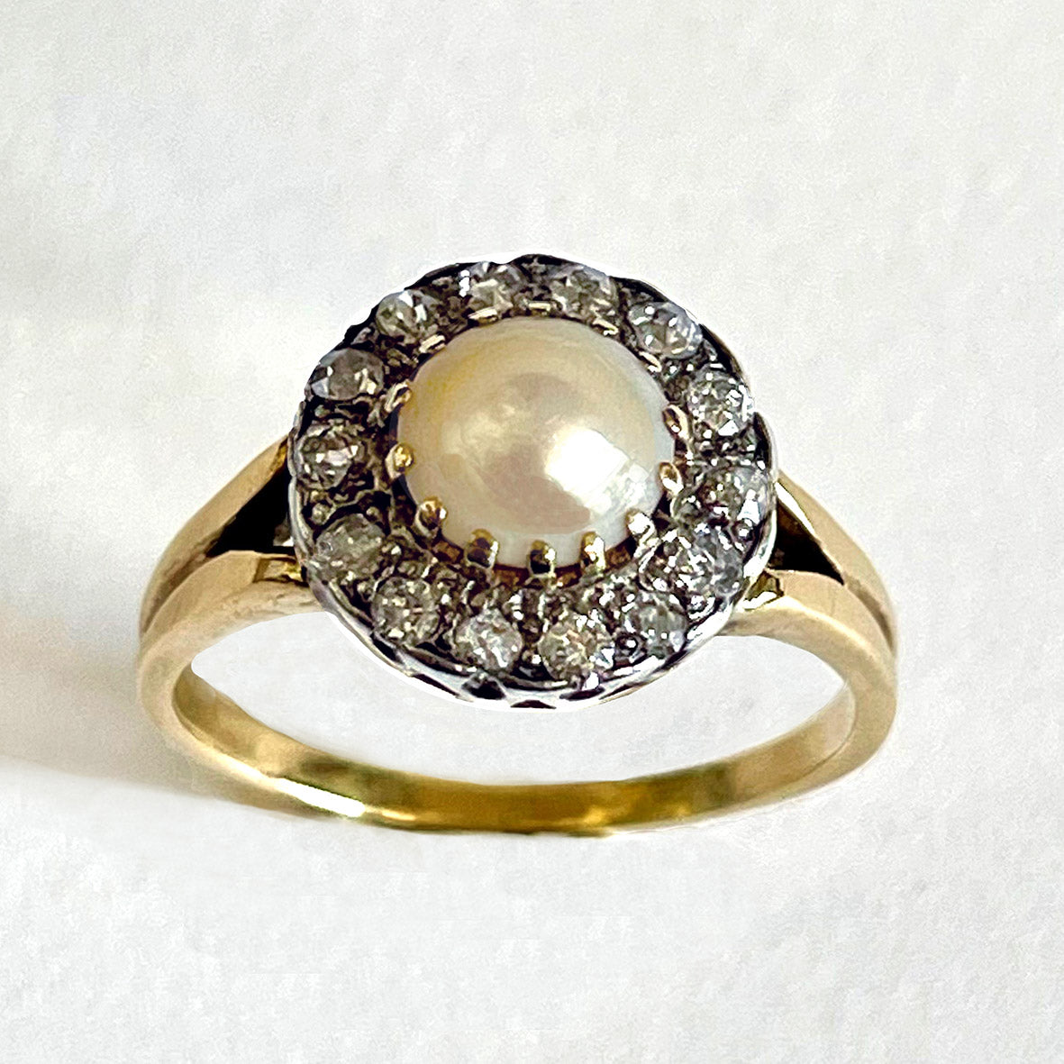 Rare White Natural Pearl & Diamond Edwardian Cluster Ring