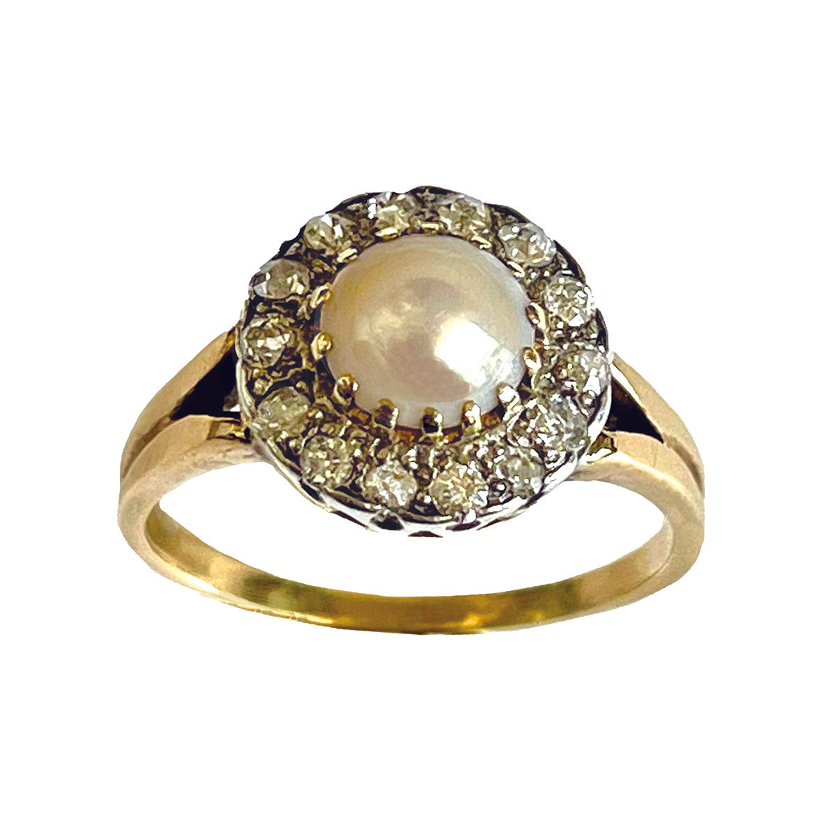 Rare White Natural Pearl & Diamond Edwardian Cluster Ring
