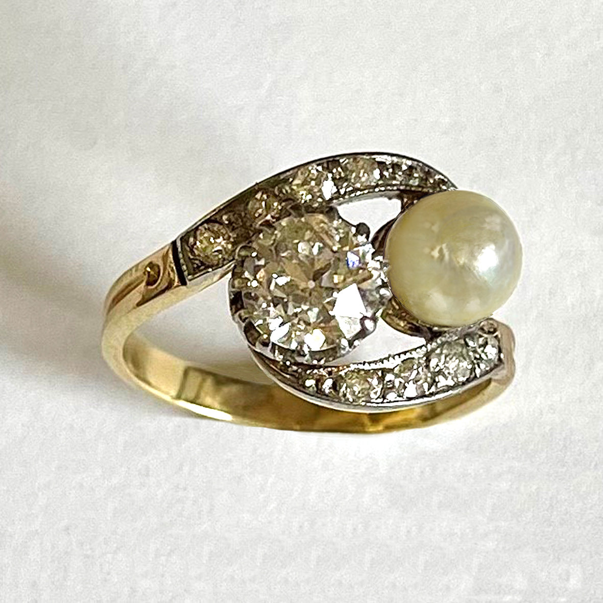 Rare White Natural Pearl & Diamond Belle Epoque 'You & I' Ring