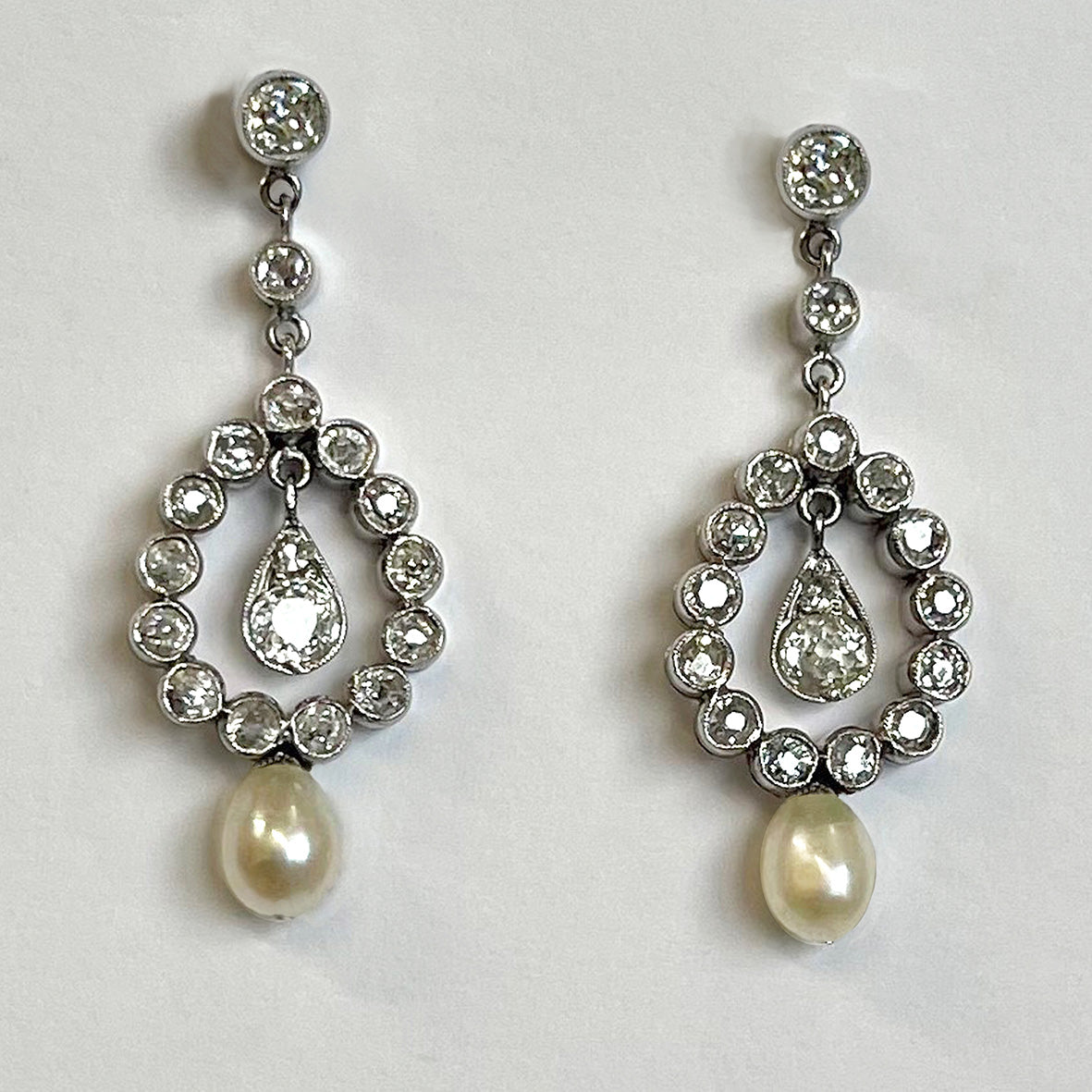 Rare White Natural Pearl & Diamond Drop Edwardian Earrings