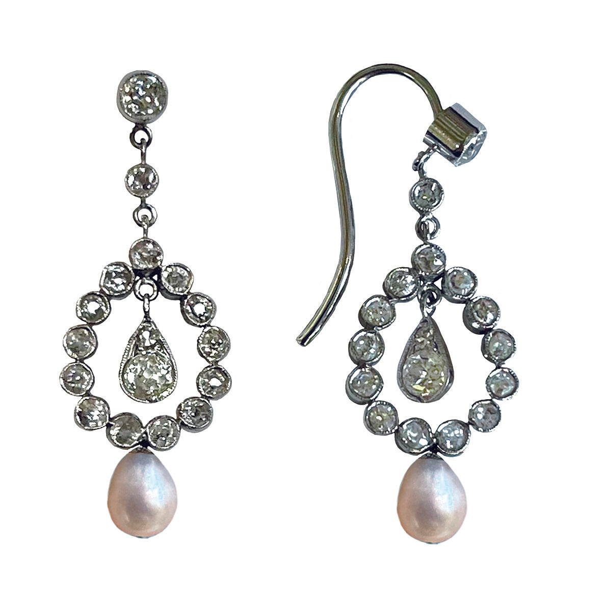 Rare White Natural Pearl & Diamond Drop Edwardian Earrings