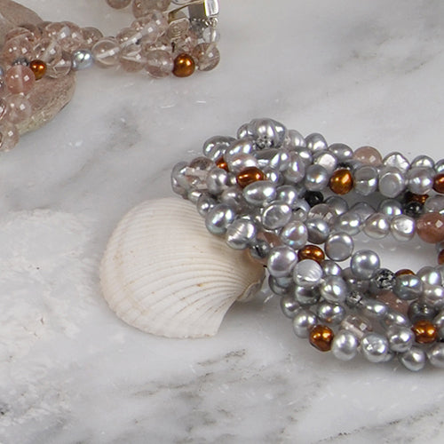 Multi strand Pearl Necklace, Emerald and Diamond Clasp - Danny Lee Designs