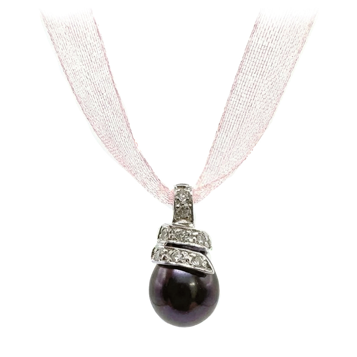 Black-Blue Freshwater Pearl & Diamond 18ct White Gold & Pink Silk Pendant