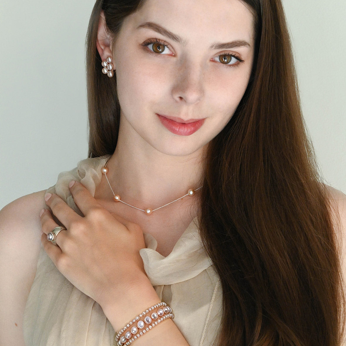 3 Strand Cultured Freshwater Pink Pearl Mixed Bracelet