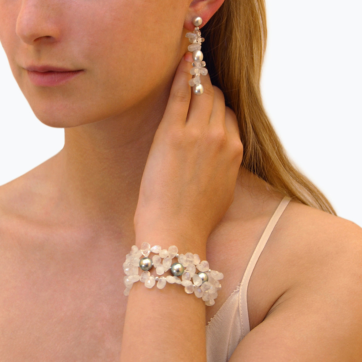 Rainbow Moonstone and Cultured Tahitian Pearl Bracelet