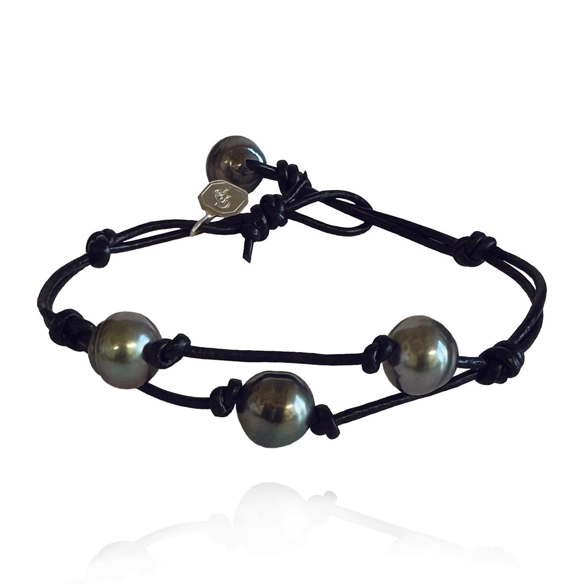 Black Tahitian Pearl & Black Leather 'Warrior' Bracelet