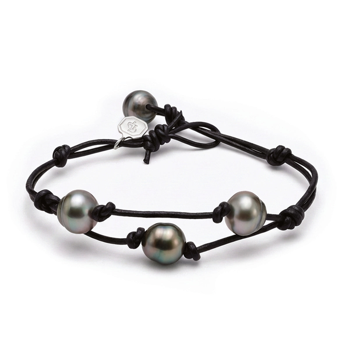Black Tahitian Pearl & Black Leather 'Warrior' Bracelet