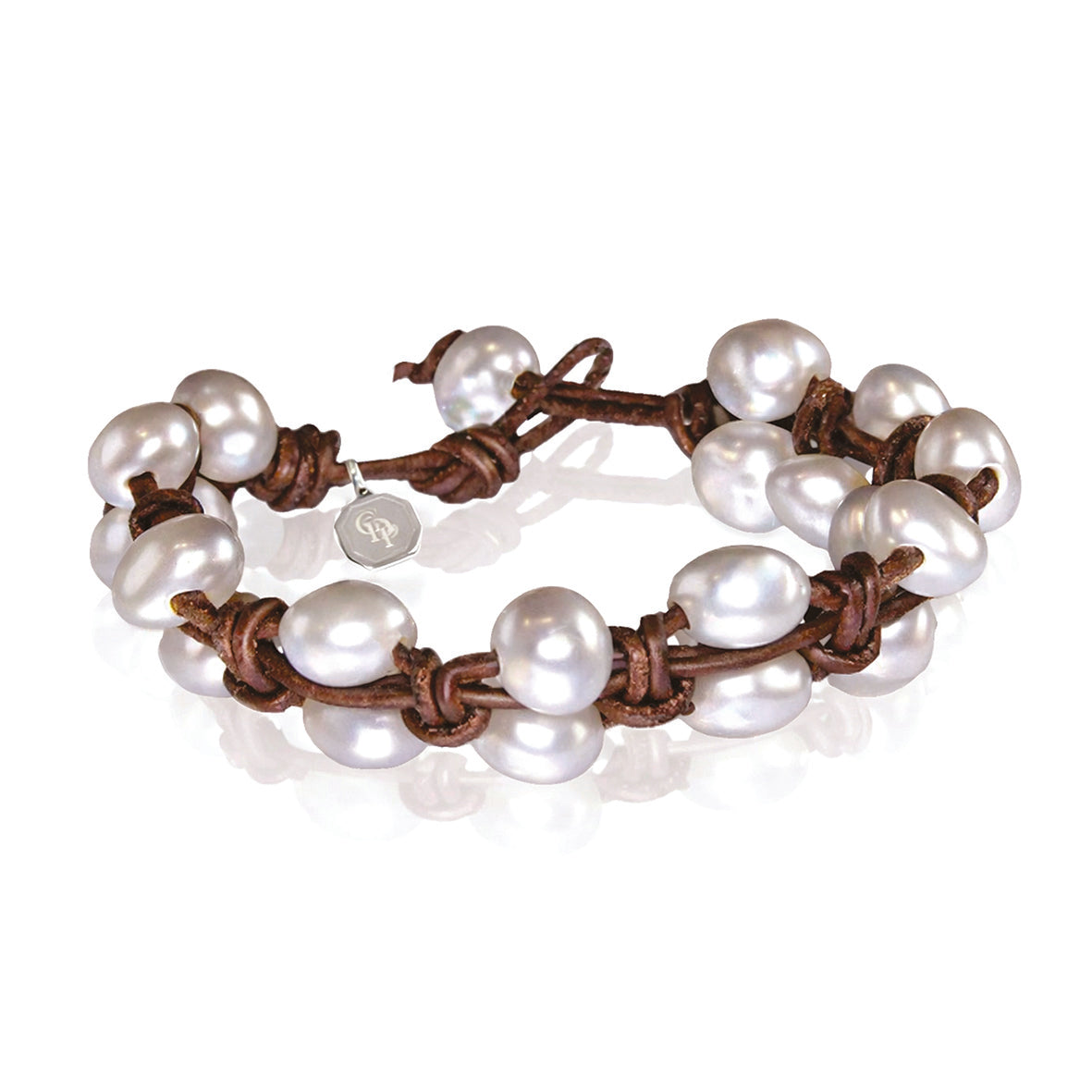 White Freshwater Pearl & Tan Leather 'Warrior' Bracelet