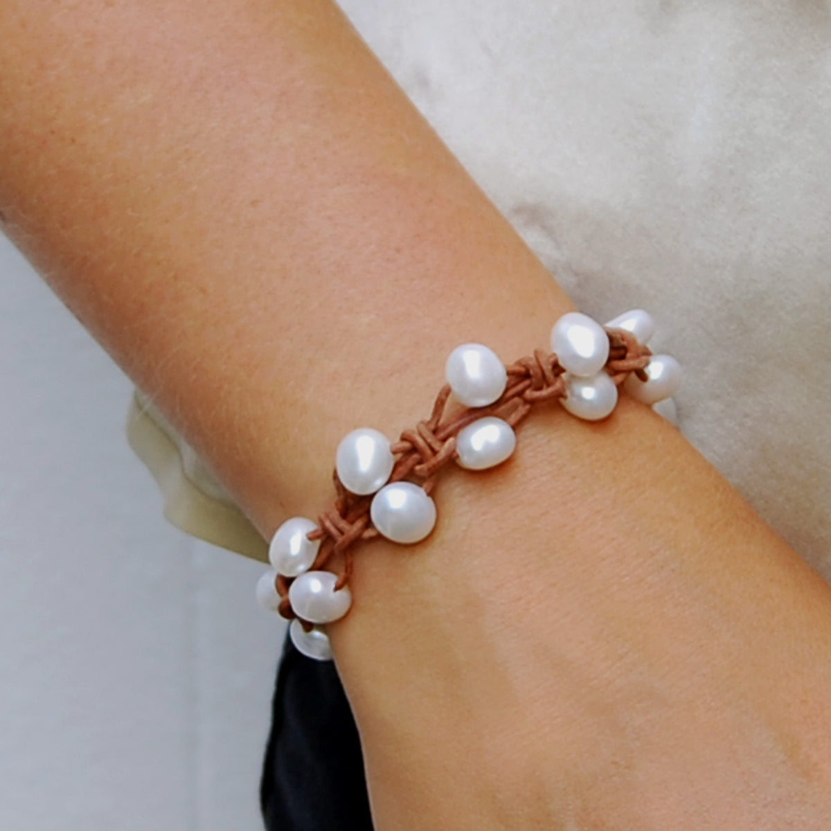 White Freshwater Pearl & Tan Leather 'Warrior' Bracelet