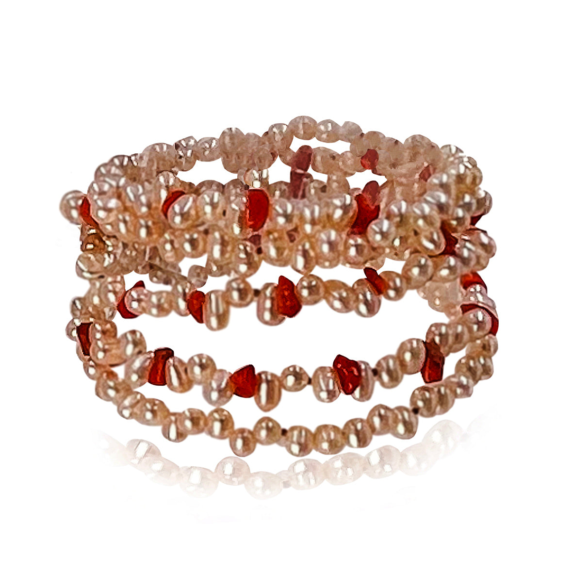Peach Freshwater Pearl and Coral 5 Strand Bracelet