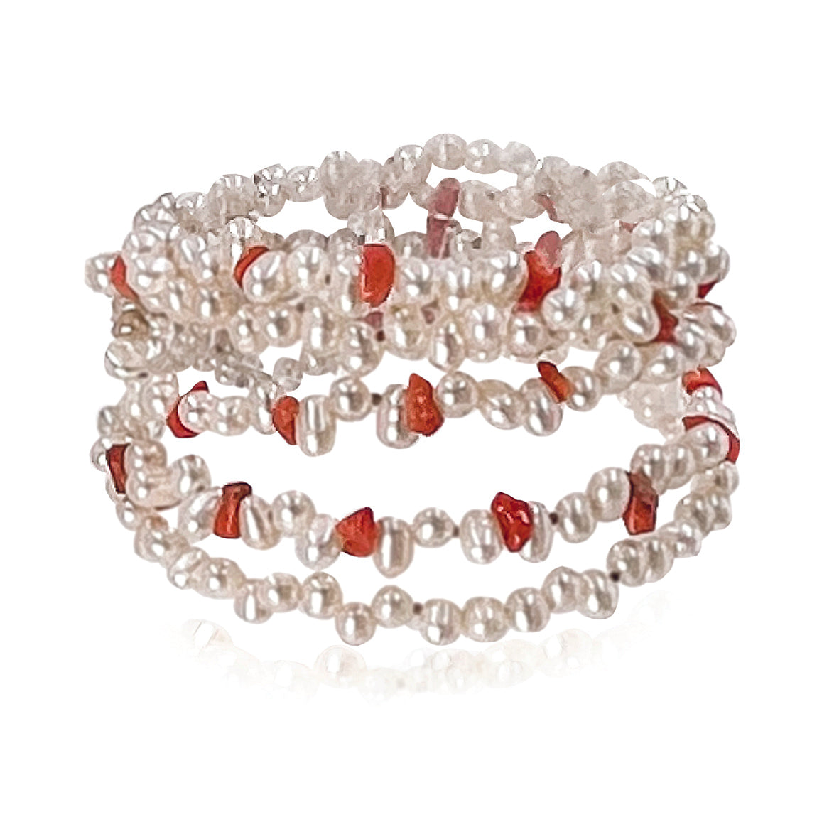 White Freshwater Pearl and Coral 5 Strand Bracelet