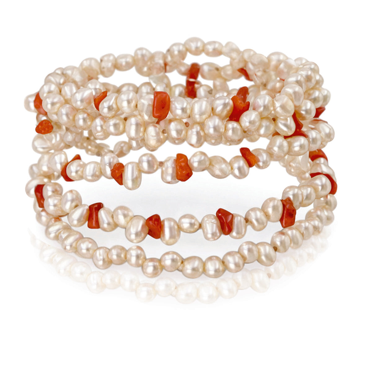 White Freshwater Pearl and Coral 5 Strand Bracelet