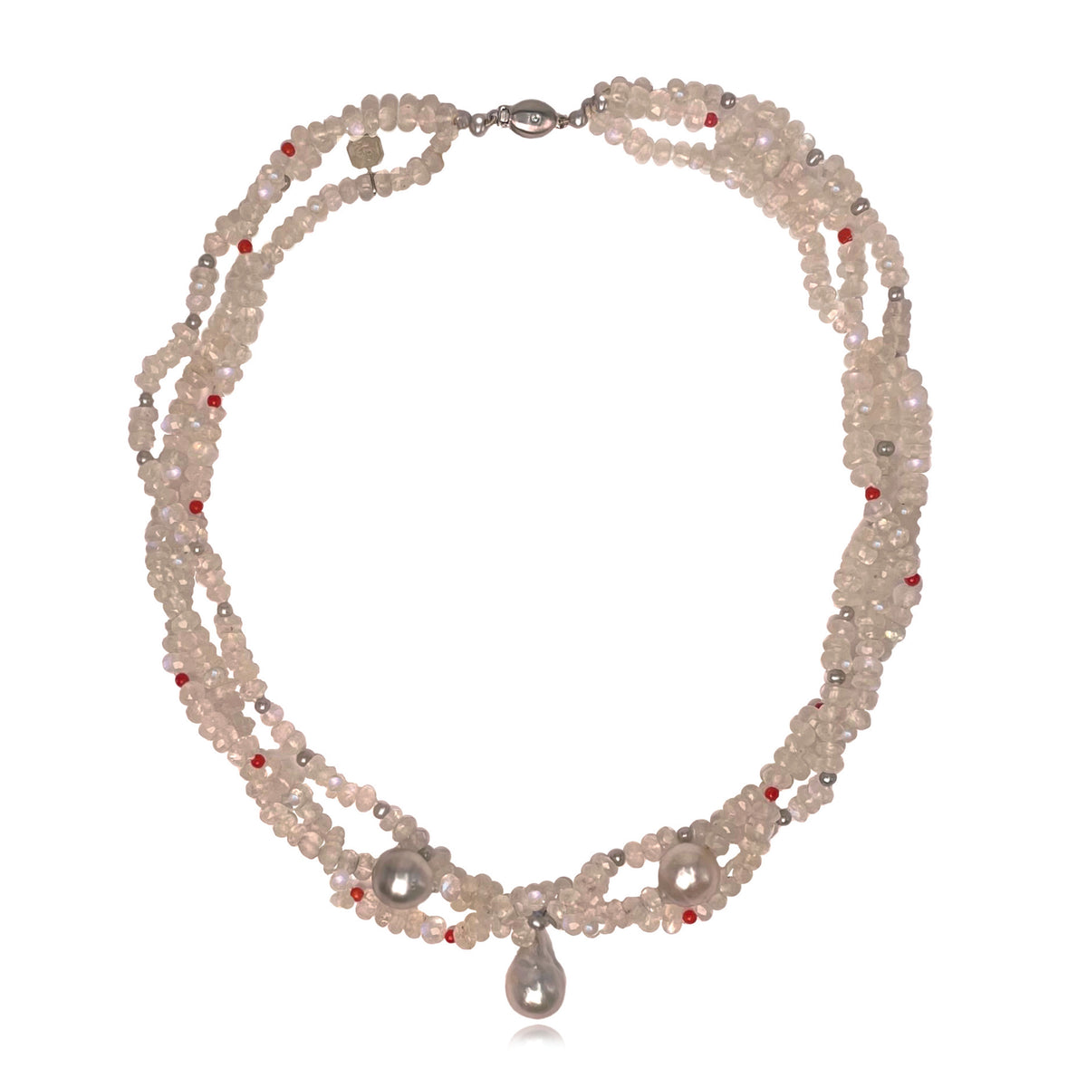 Light Grey Tahitian Pearl, Rainbow Moonstone &amp; &#39;Coco Coral&#39; Choker Necklace