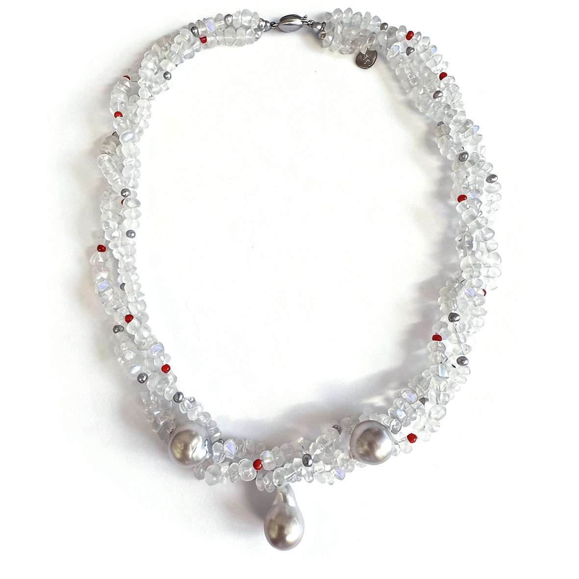 Light Grey Tahitian Pearl, Rainbow Moonstone & 'Coco Coral' Choker Necklace