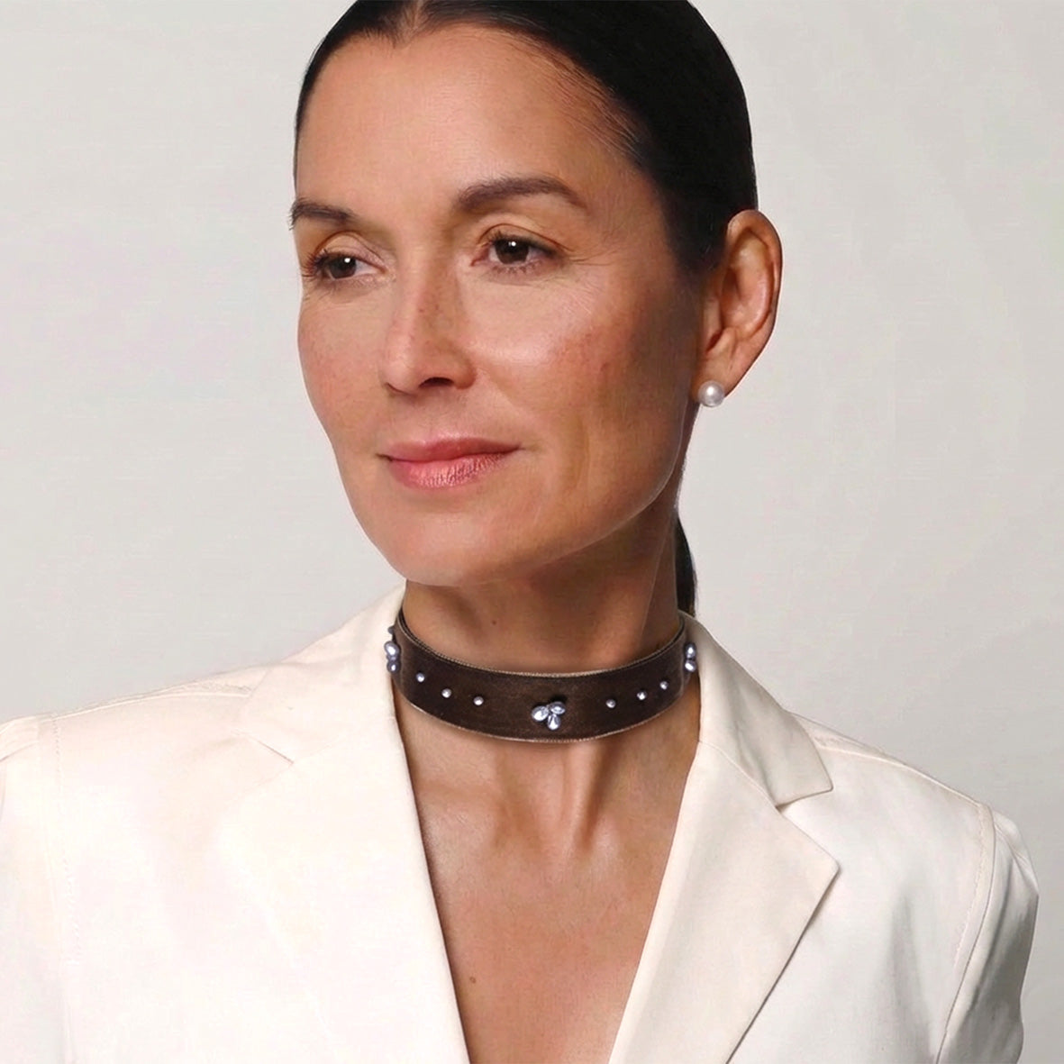 Grey Freshwater Pearl & Olive/Brown Velvet 'Charro' Choker