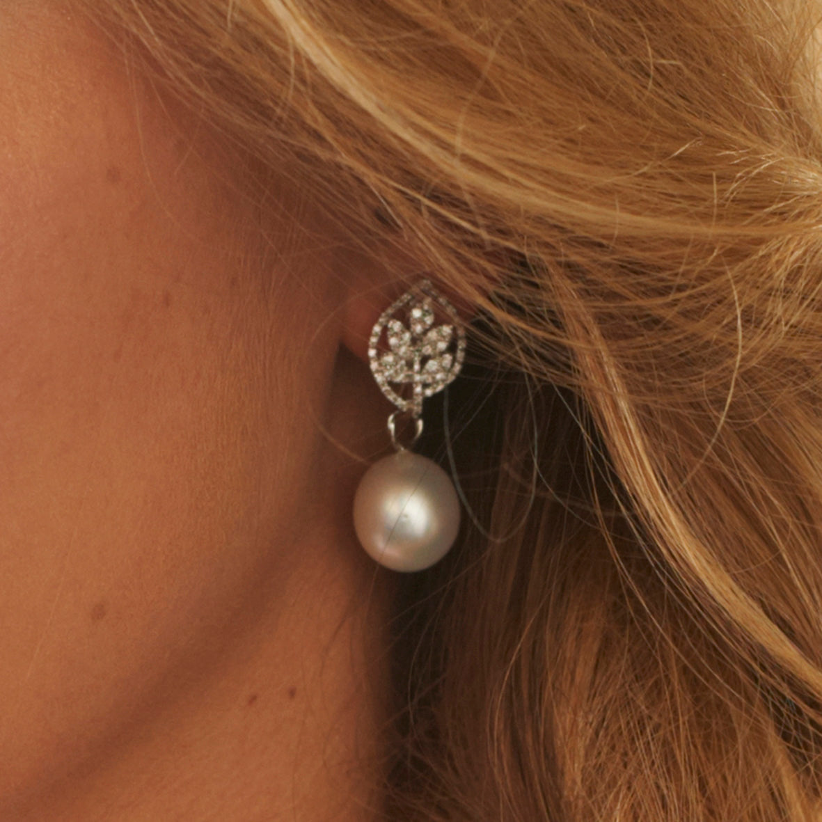 White South Sea Pearl & Diamond 'Tsarina - Olive Leaf' Earrings