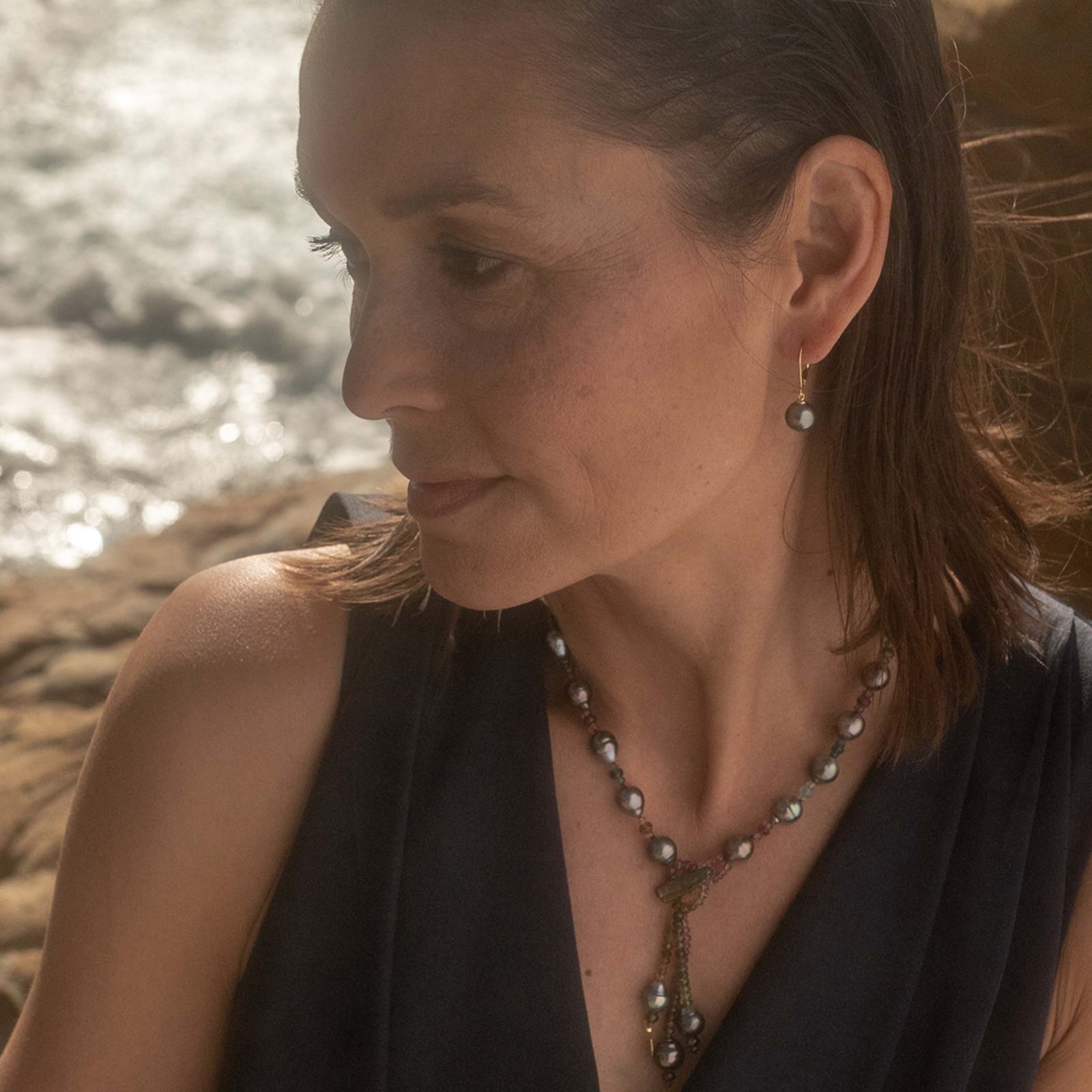 Joyfilled 18ct gold french fitting with Tahitian drop earrings