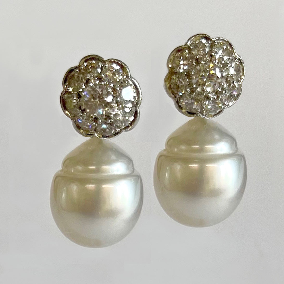 White South Sea Pearl, 18ct Yellow Gold Diamond Cluster Studs, Optional Add-On, Drop Earrings