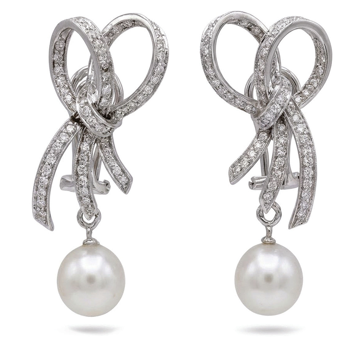 White South Sea Pearl Diamond Bow 18ct White Gold Earrings
