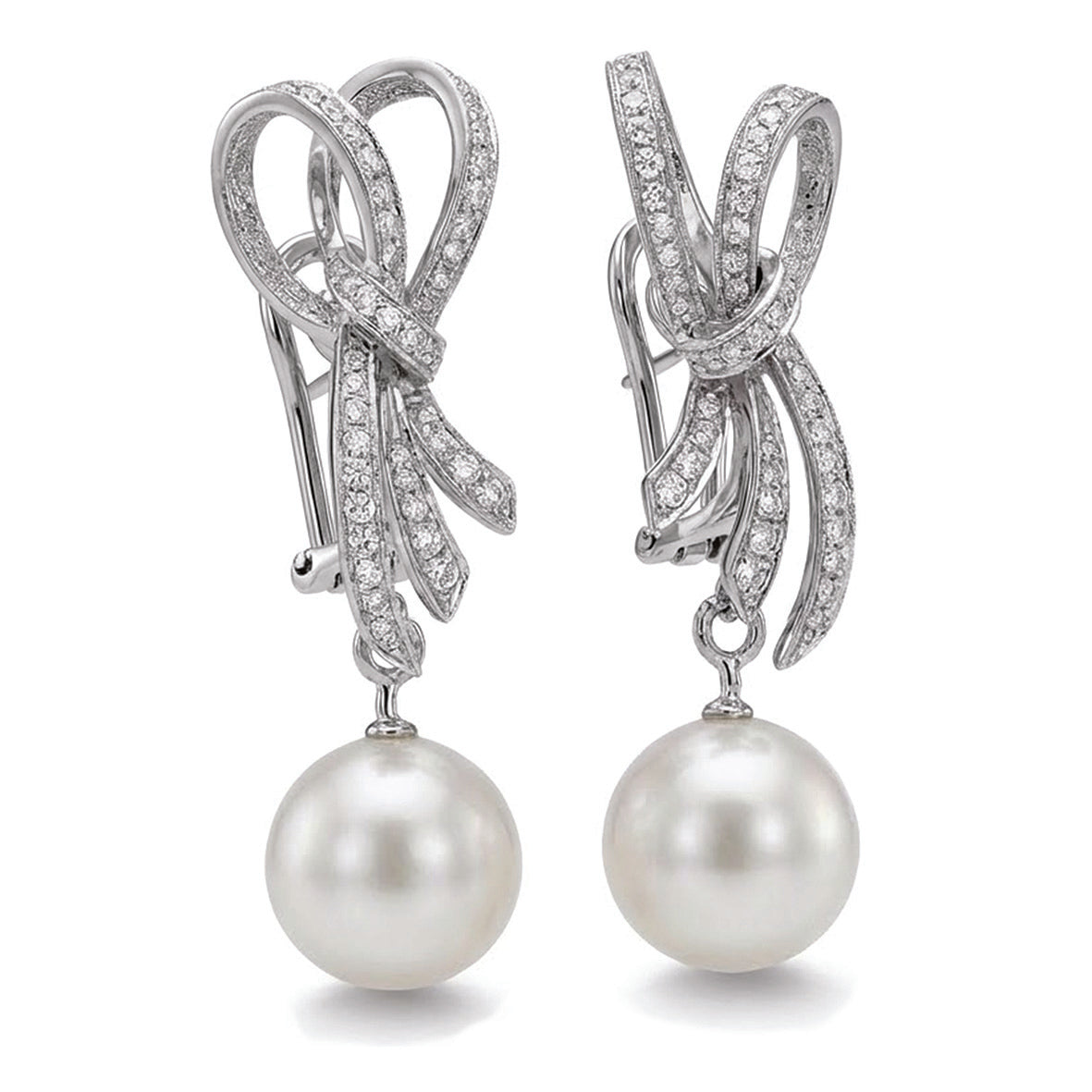 White South Sea Pearl Diamond Bow 18ct White Gold Earrings