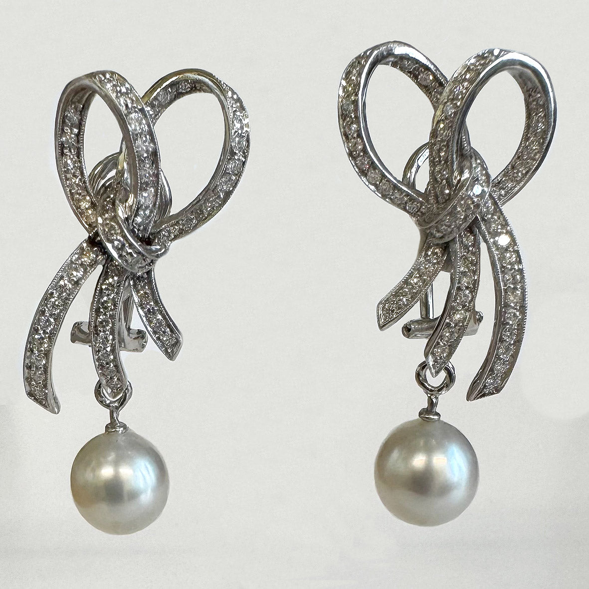White South Sea Pearl Diamond Bow 18ct White Gold Earrings